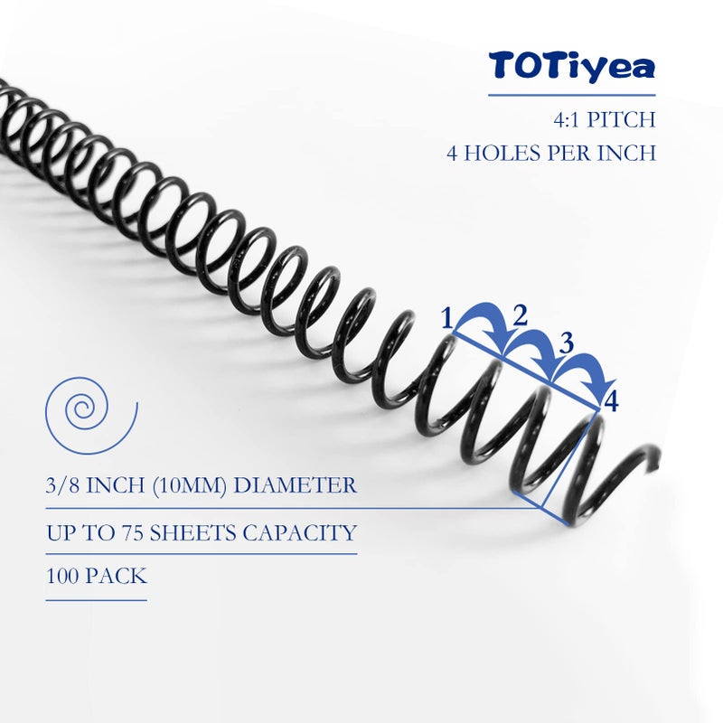 TOTiyea 100 Pack Plastic Spiral Binding Coils,10mm(3/8"") Binding Spirals,75 Sheet Capacity,4:1 Pitch, Black - Image 2